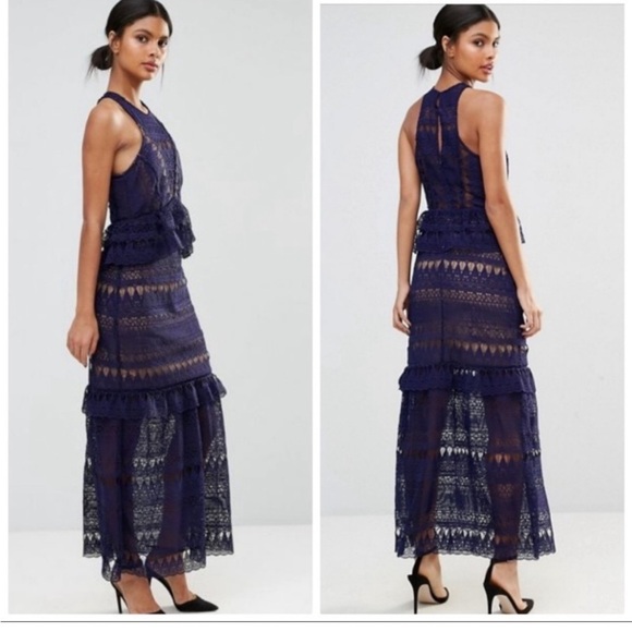 Self-Portrait Teardrop Guipure Paneled Maxi Dress in Navy Blue Structure Size 10 - Picture 1 of 17
